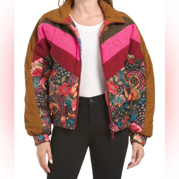 Farm Rio Toucanfly Reversible Quilted Floral Jacket zipup Sherpa colorful puffer - Picture 3 of 9